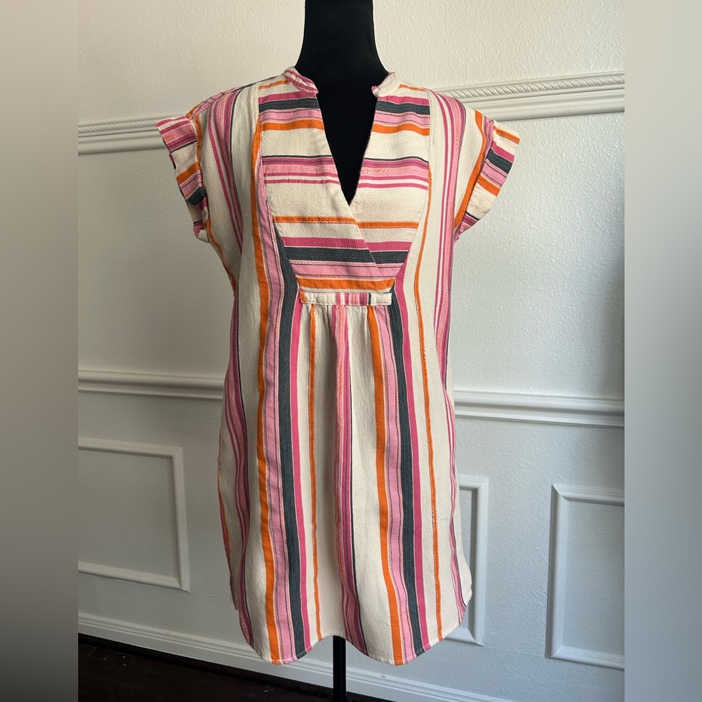 Uncle Frank Cream Mini Dress with Pink, Orange & Gray Stripes